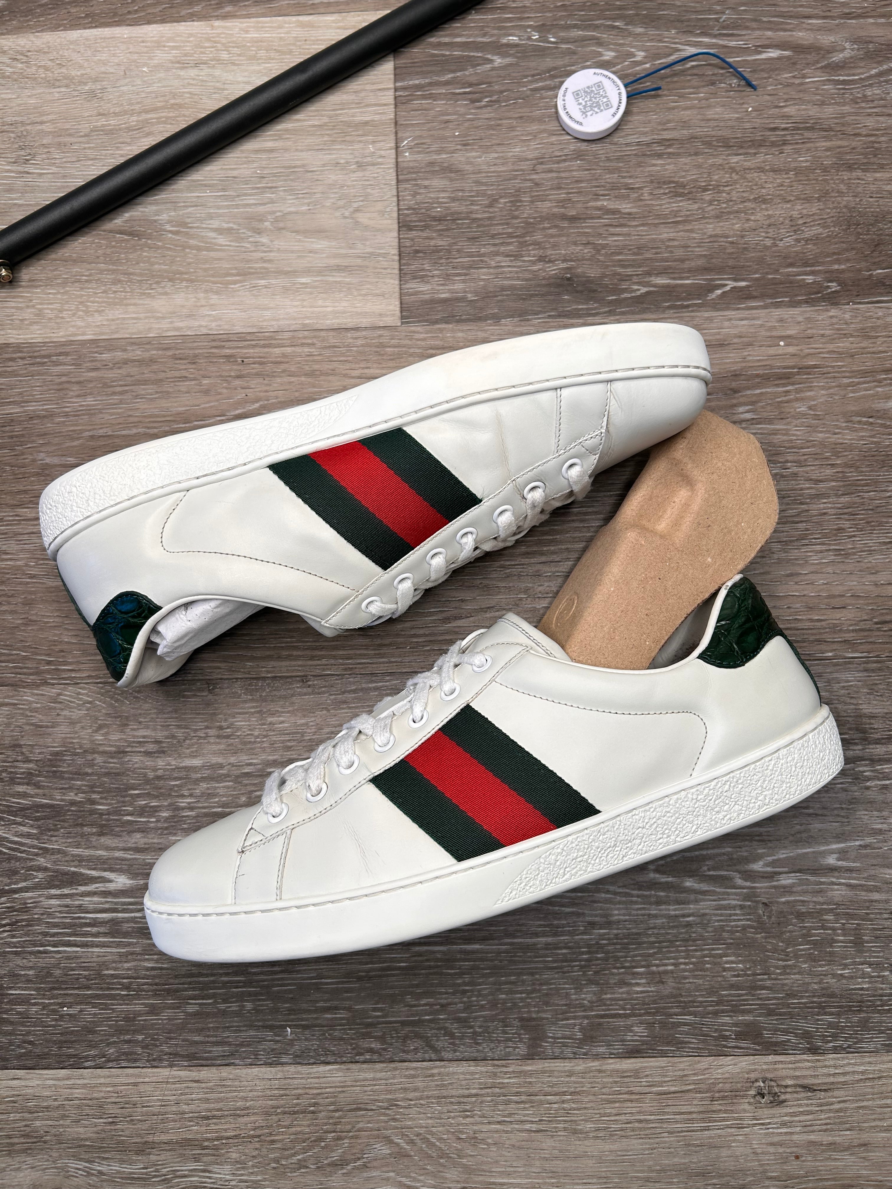Size 10 US MEN (UK 9) - Gucci Ace White Leather Men Crocodile heel