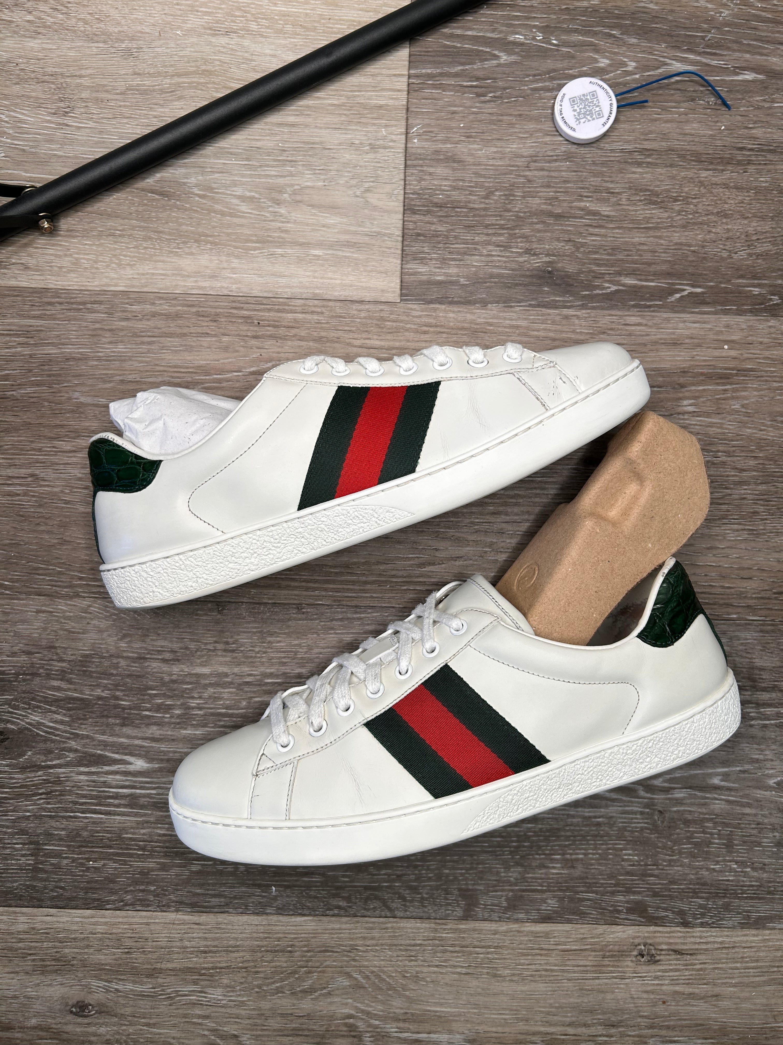 Size 10 US MEN (UK 9) - Gucci Ace White Leather Men Crocodile heel
